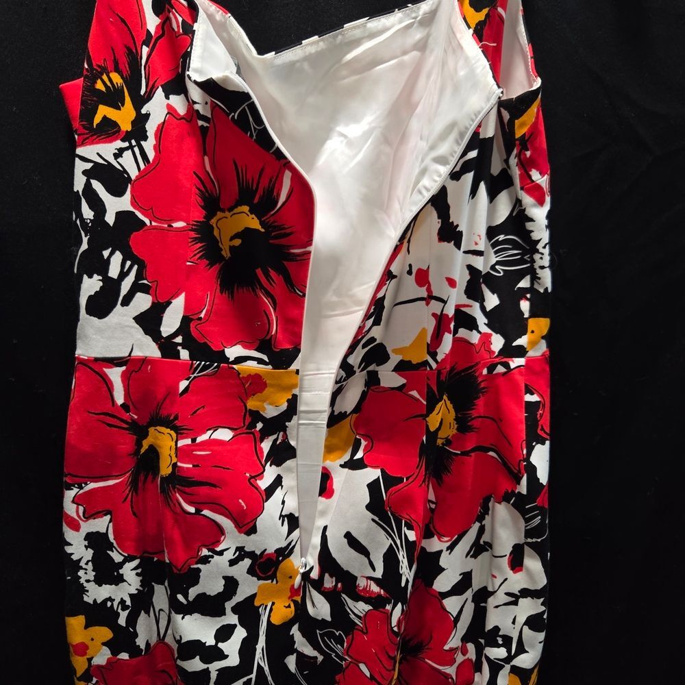 David Meister Dress 8 Red Floral Sheath Square Neck Cotton Blend EUC - Picture 7 of 13
